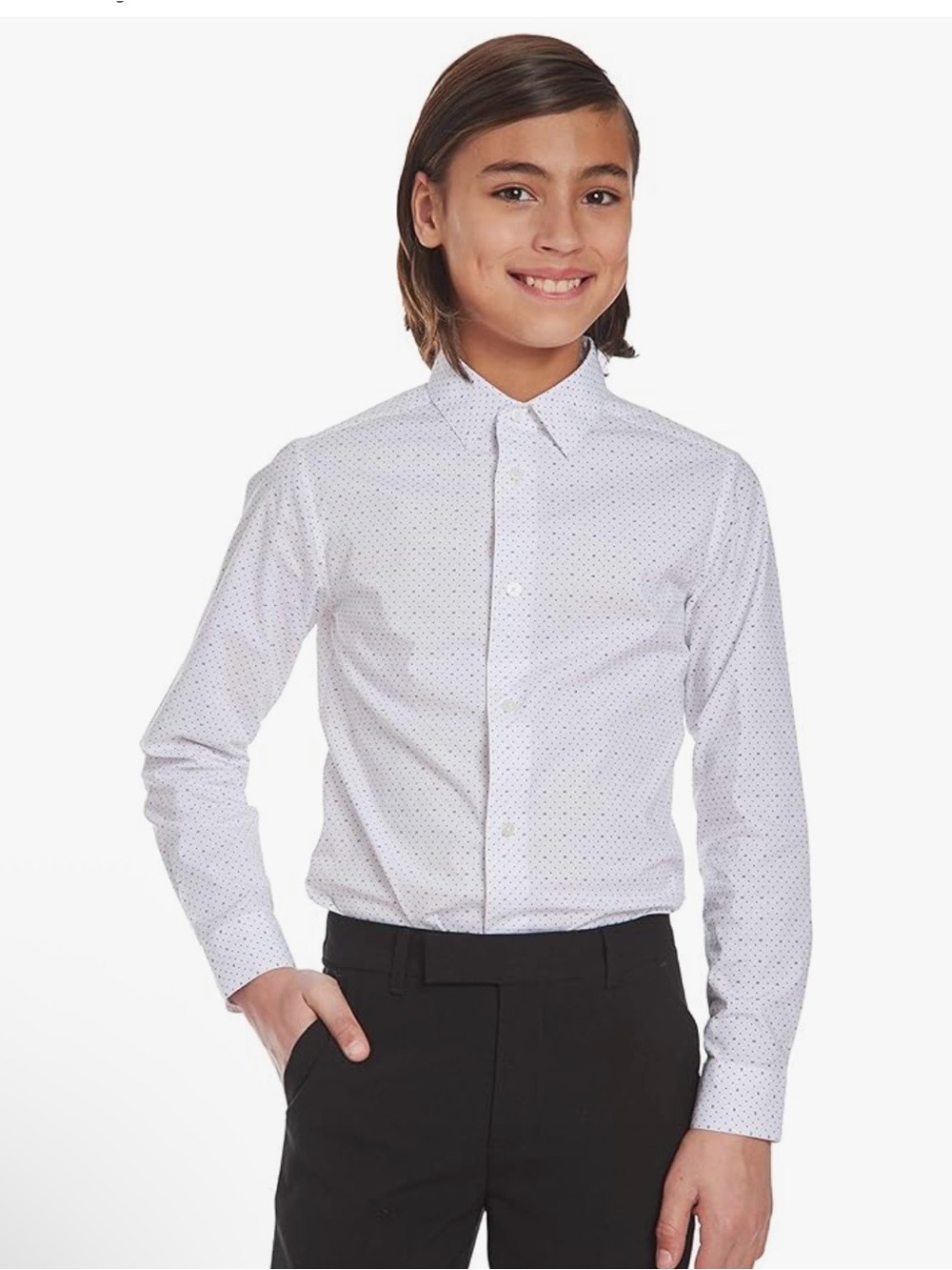 Calvin Klein White Dress Shirt with Black Microdot Pattern, Size US 8